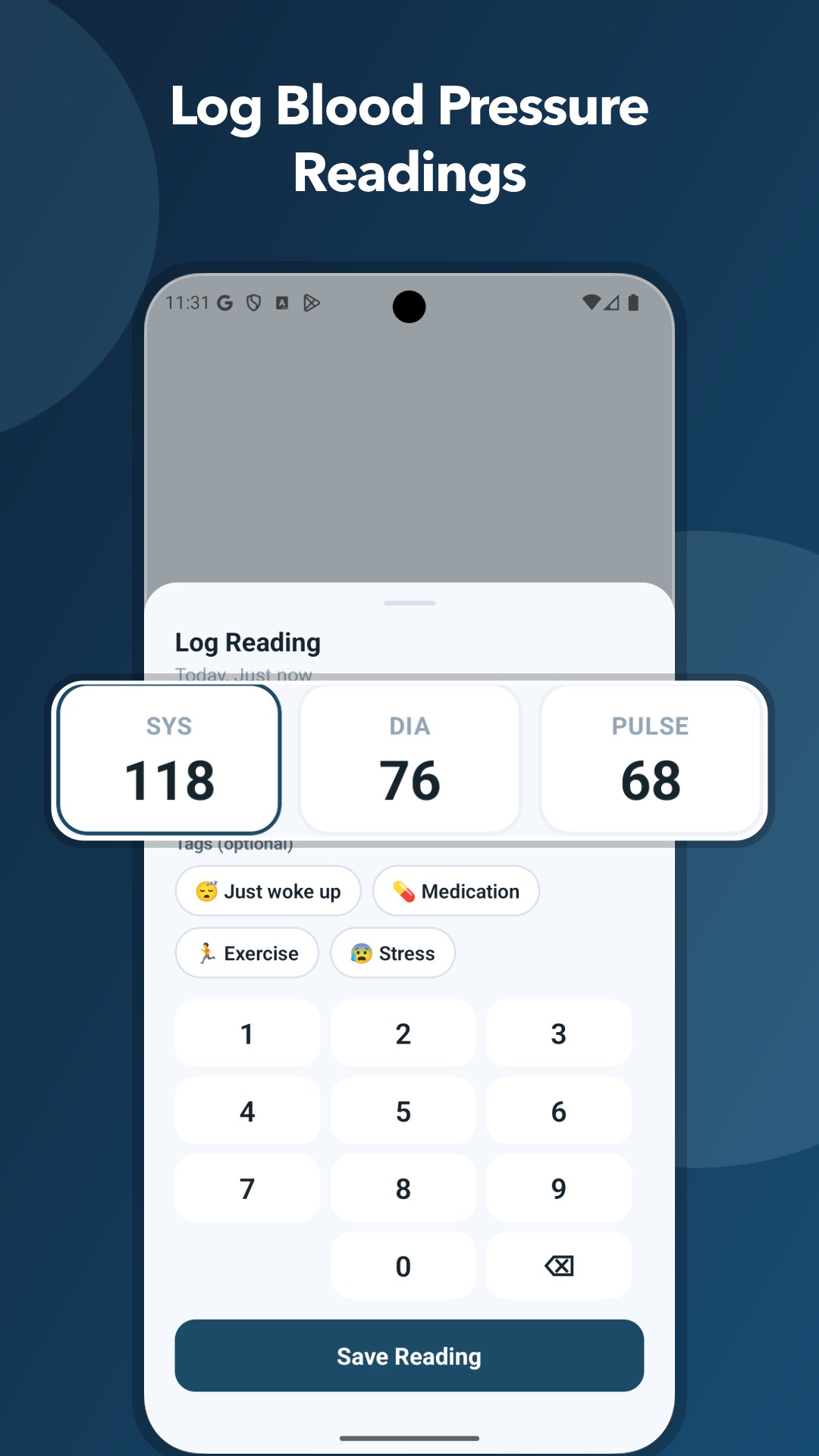 CardiaKit log reading screen with systolic, diastolic and pulse entry